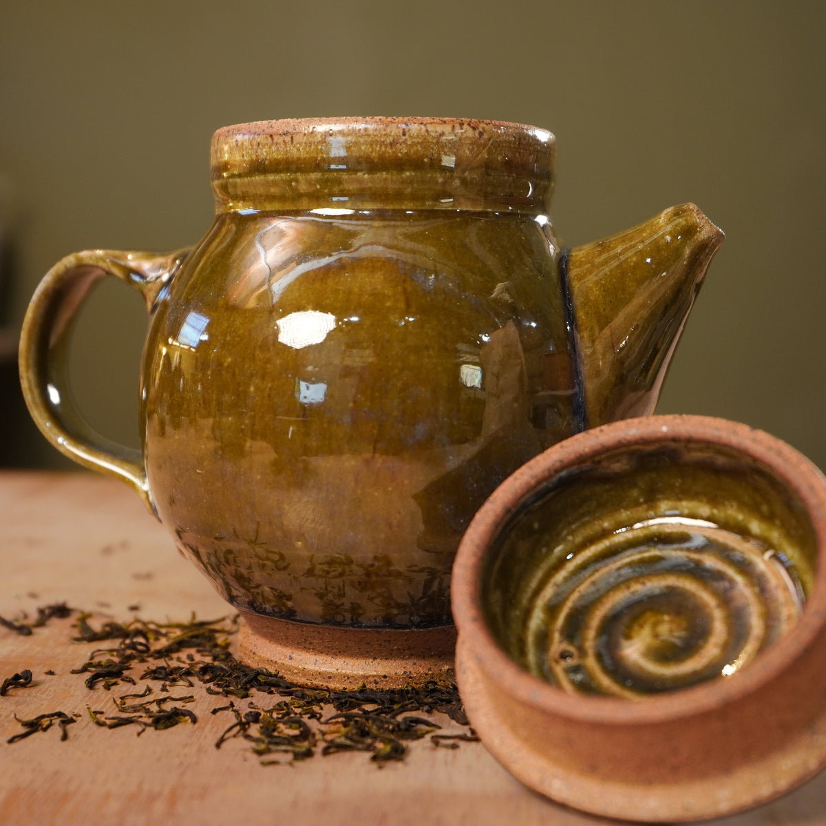 Handmade Olive Green Stoneware Teapot | Wheel-Thrown Ceramic Teapot